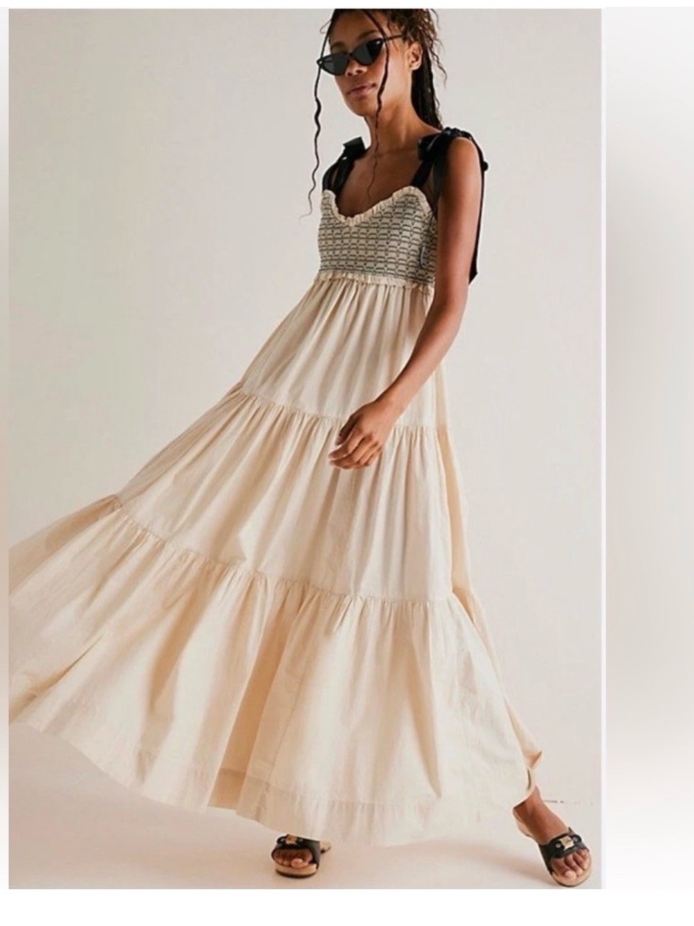 Free People Cream Tiered Maxi Dress with Smocked Bodice